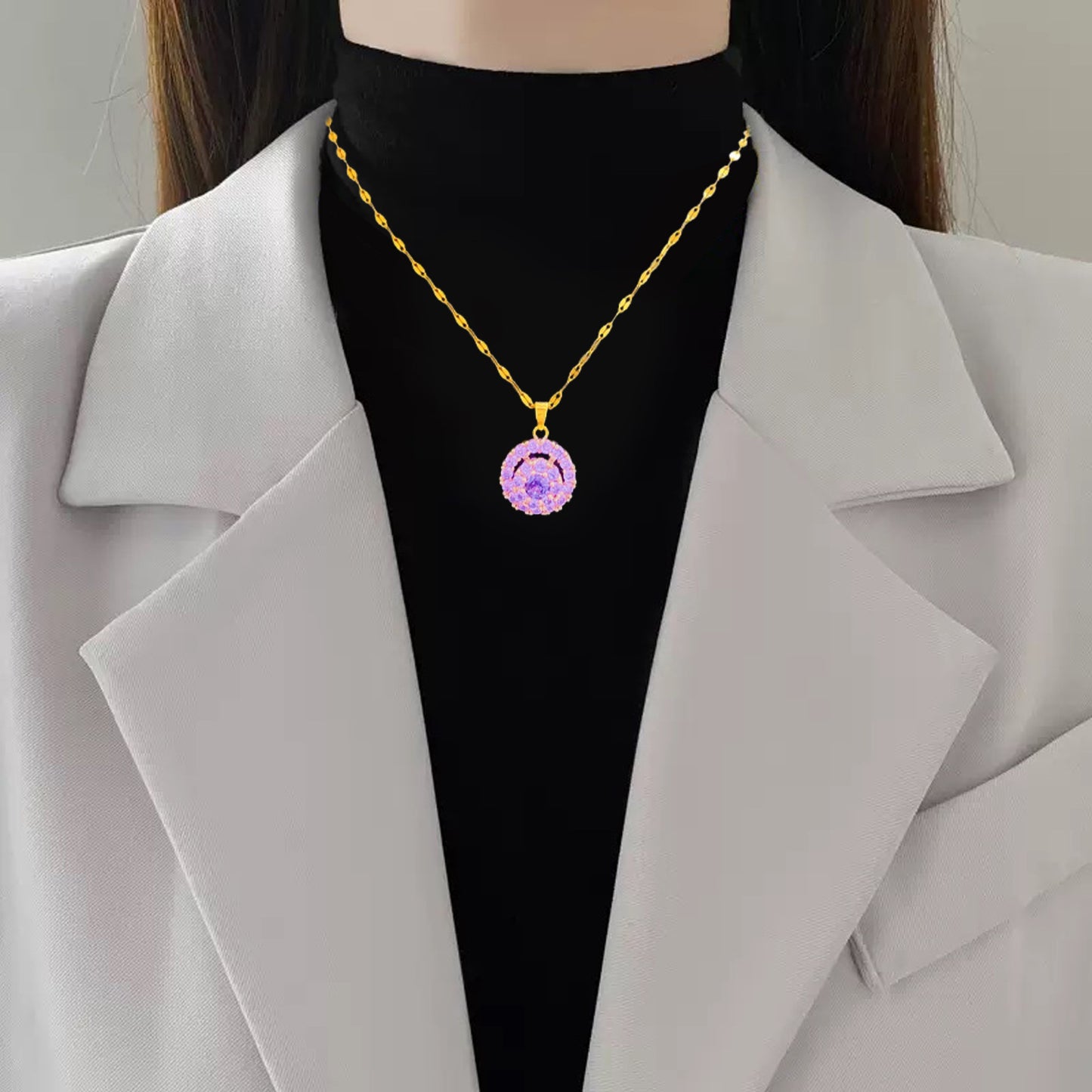 Sweet Sporty Colorful Rotating Cubic Zirconia Geometric Heart Fruit Pendant Titanium Steel Necklace