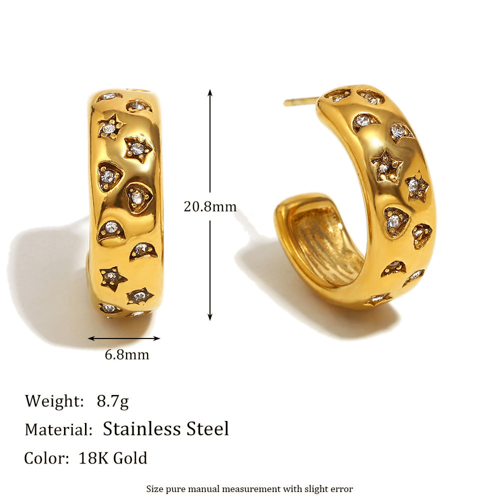 Minimalist Geometric Star and Moon Stainless Steel Earrings with 18K Gold Plating and Cubic Zirconia Accents