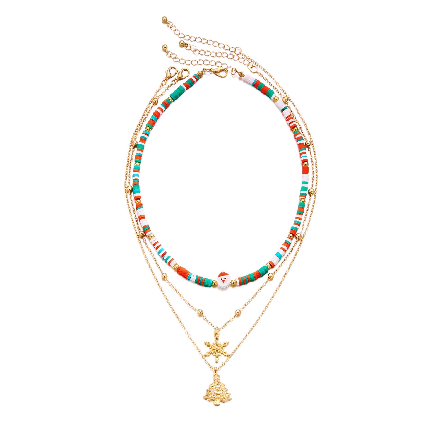Collar de cuentas de arcilla polimérica con temática navideña con copo de nieve y colgante de Papá Noel de forma geométrica, gargantilla de cadena en O de aleación y electrochapada para mujer