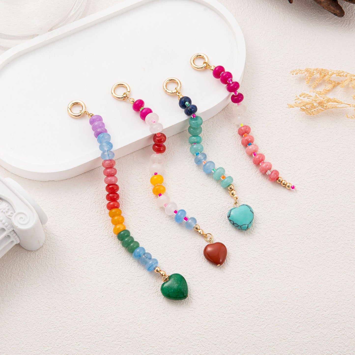 Sweet Heart Geometric Titanium Steel Plated Bag Charm Bar with Colorful Beads and Keychain