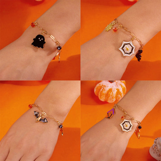 Pulsera con colgante de calabaza, murciélago y fantasma con temática de Halloween para mujer, diseño geométrico de aleación, regalo festivo