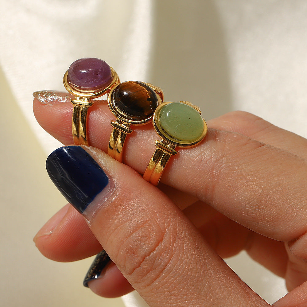 Anello da donna aperto stile Ins geometrico ovale con occhio di tigre verde viola, pietra semipreziosa placcata oro 18 carati