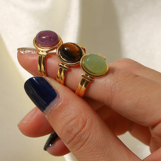 Ins Style Geometric Oval Tiger Eye Green Purple Semi-Precious Stone Plated 18K Gold Open Ring for Women
