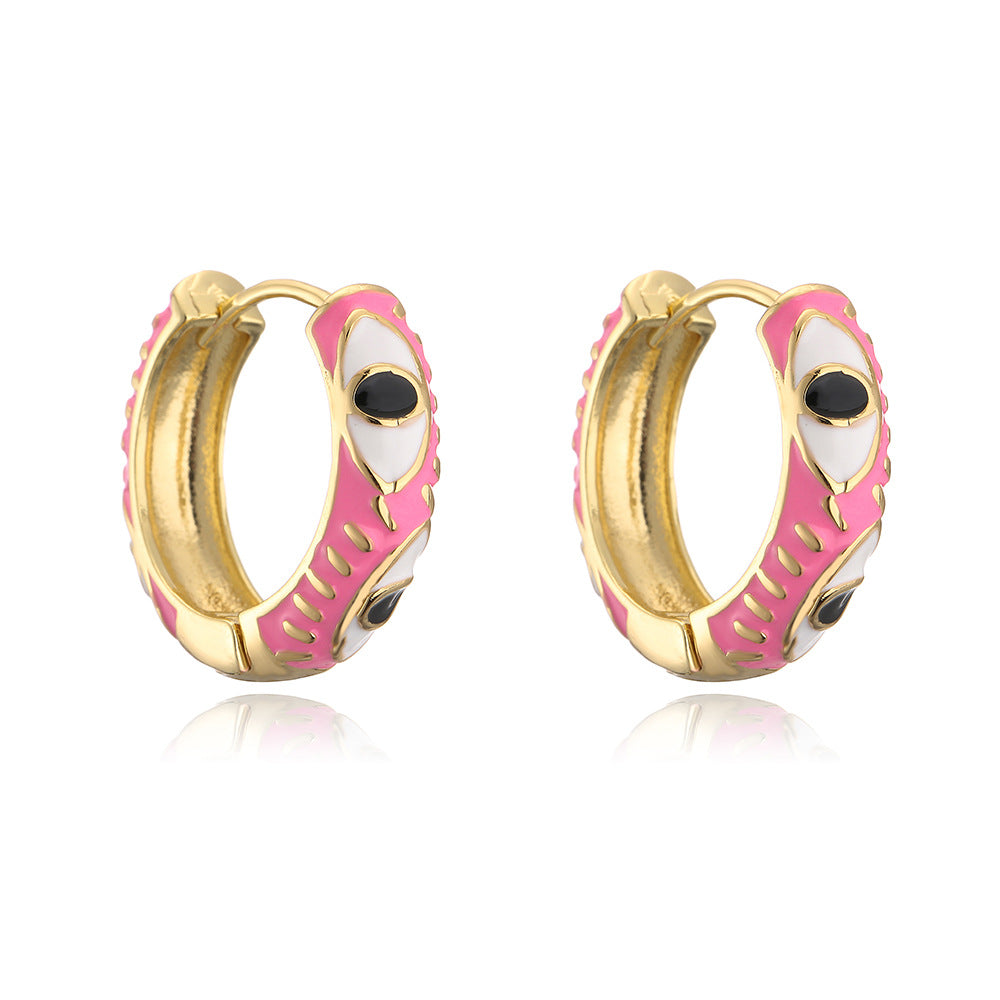 Bohemian Style Geometric Copper Hoop Earrings with 18K Gold Plating and Enamel Eye Detail for Women