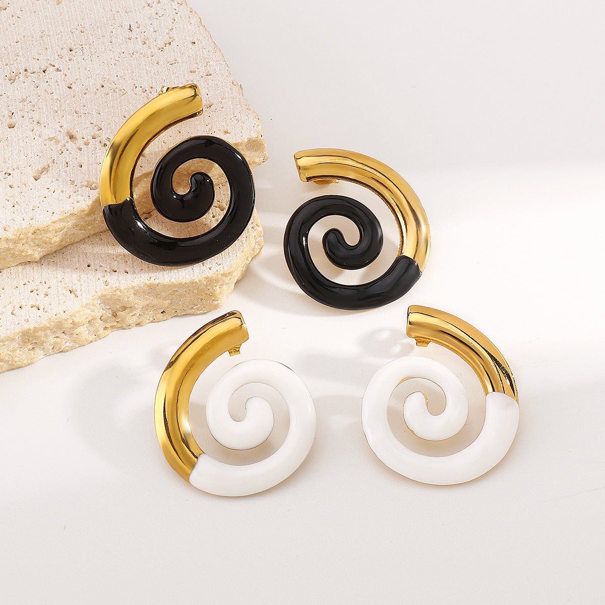Elegant Geometric Stainless Steel Earrings with 14K Gold Plating, Seashell-Inspired Design for Women