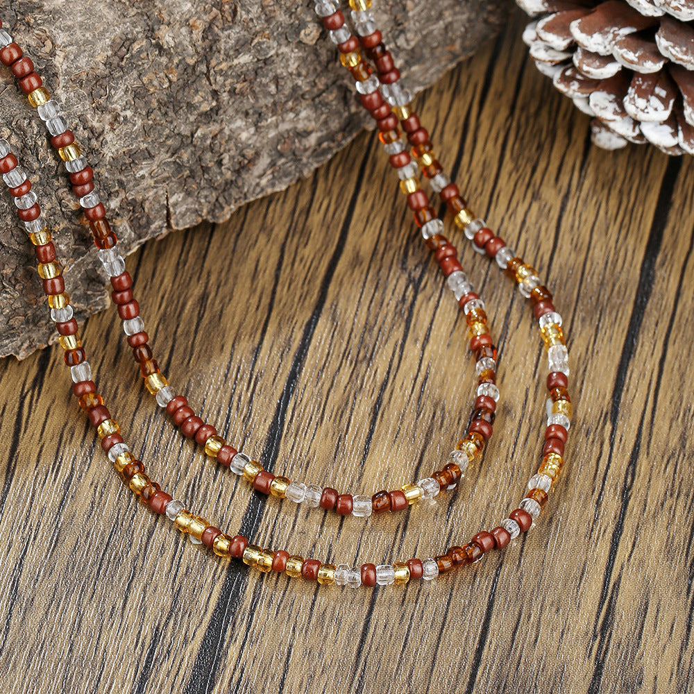 Casual Geometric Round Glass Beaded Ball Chain Necklace Handmade Double Layer