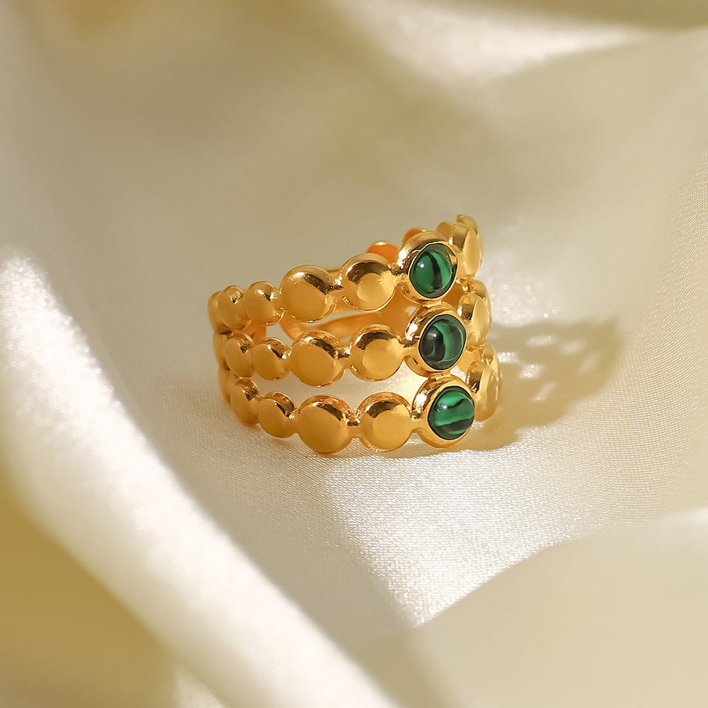 Anello in acciaio inossidabile geometrico stile INS con placcatura in oro 18 carati e intarsio in malachite da donna