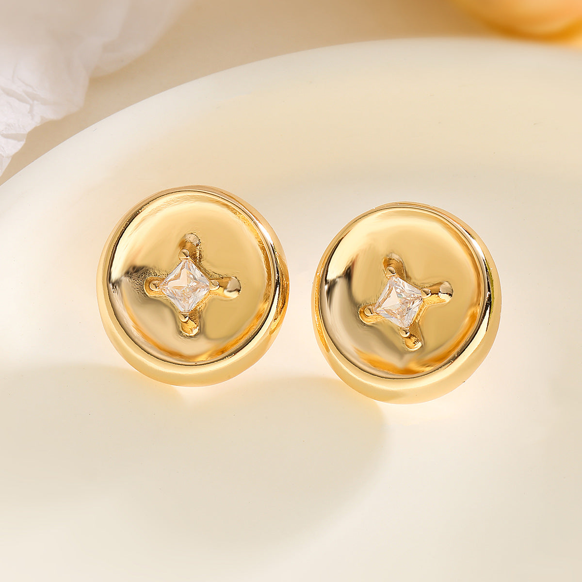 Minimalist Geometric Button Stud Earrings for Women in Brass with Gold Plating and Zircon Inlay