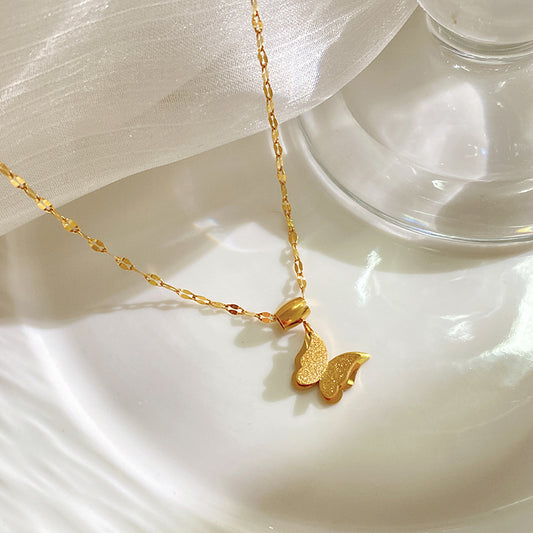 Minimalist Luxury Matte Gold Plated Titanium Steel Butterfly Necklace