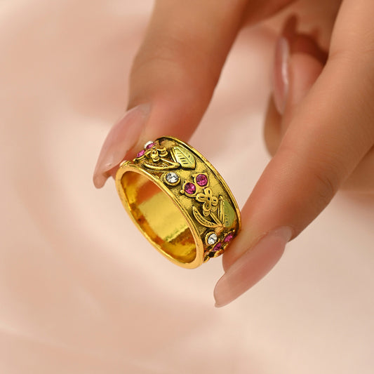 Anillo de Aleación de Zinc con Diseño Floral Geométrico Estilo Vintage Royal e Incrustaciones de Diamantes de Imitación para Mujer