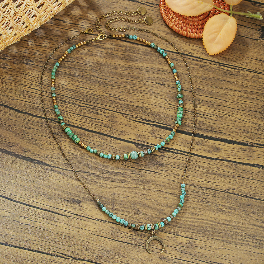 Vintage Moon Geometric Alloy Turquoise Beaded Cable Chain Necklace