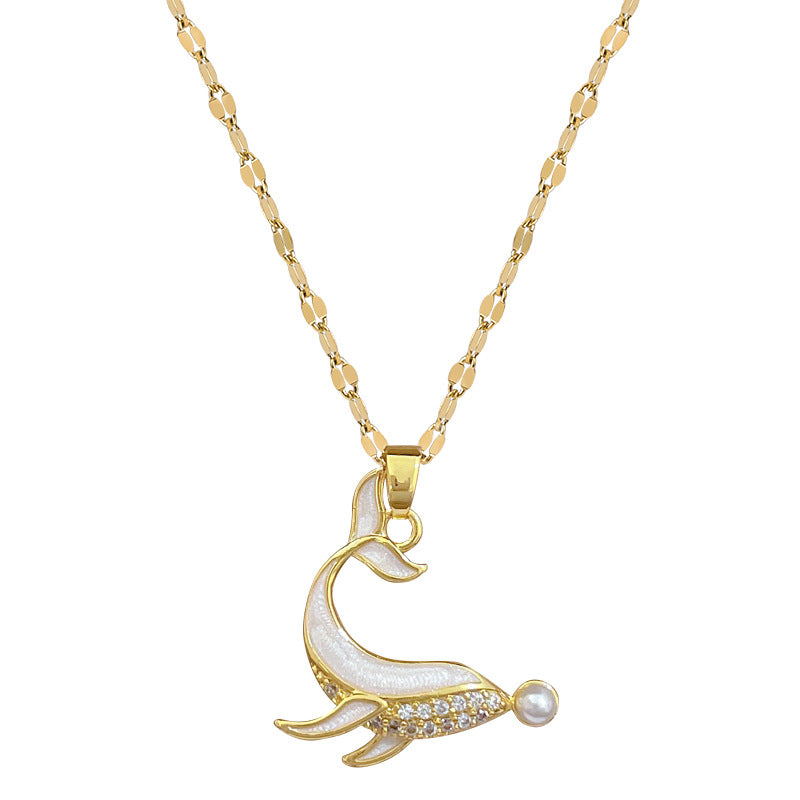 Luxury Dolphin Pendant Necklace with Zircon Inlay on Titanium Steel Chain for Women, Geometric Design, Delicate Clavicle Jewelry