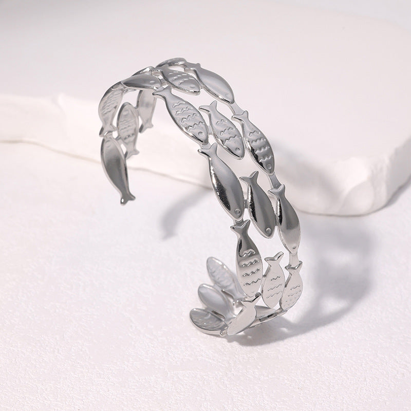 Bracciale Minimalista da Donna in Acciaio Inossidabile a Forma di Pesce, Placcato Oro 18K, in Acciaio al Titanio