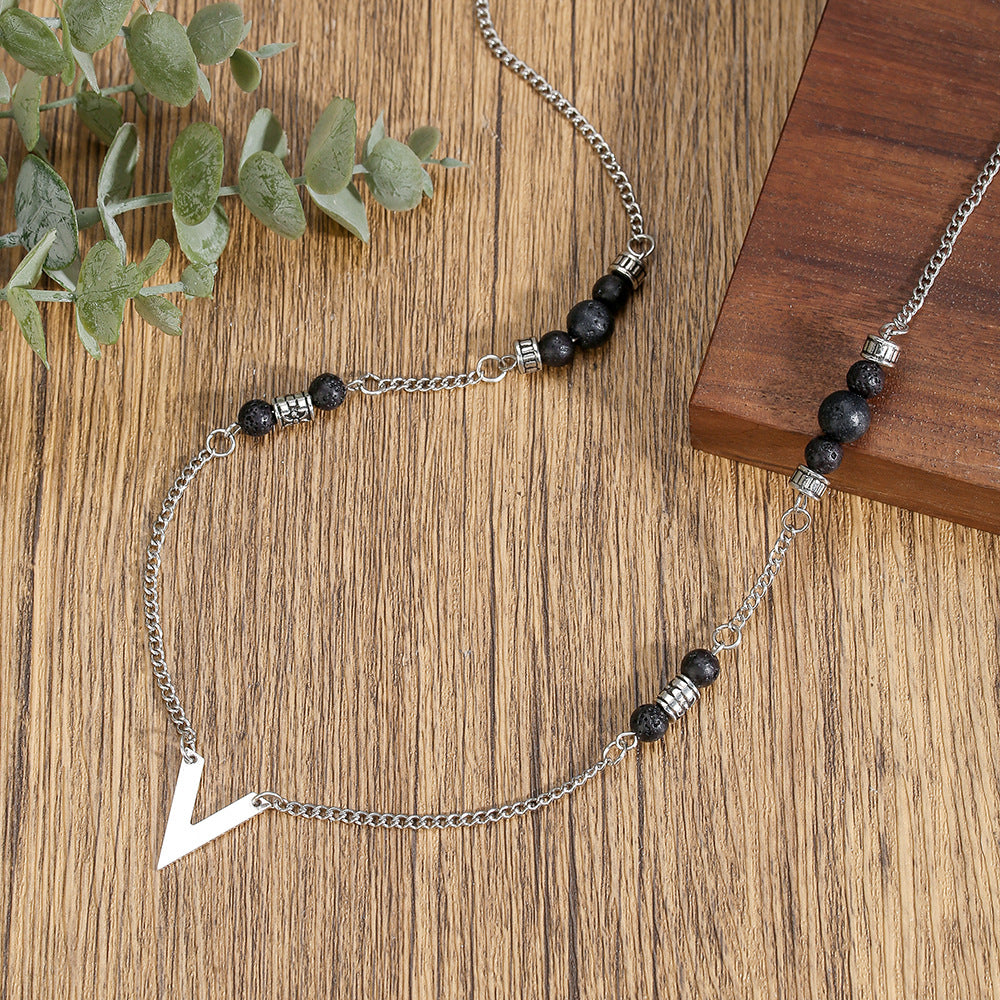 Vintage Men's Natural Volcanic Stone Triangle Beaded Necklace