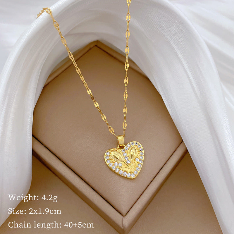 Minimalist Heart Rose Floral Pendant Necklace for Women Stainless Steel Snake Chain with Rhinestone Accents
