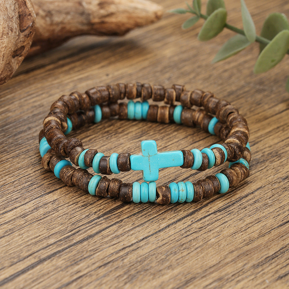 Bohemian Turquoise Cross Geometric Wood Bead Bracelet Unisex Handmade Multi-layer Stackable