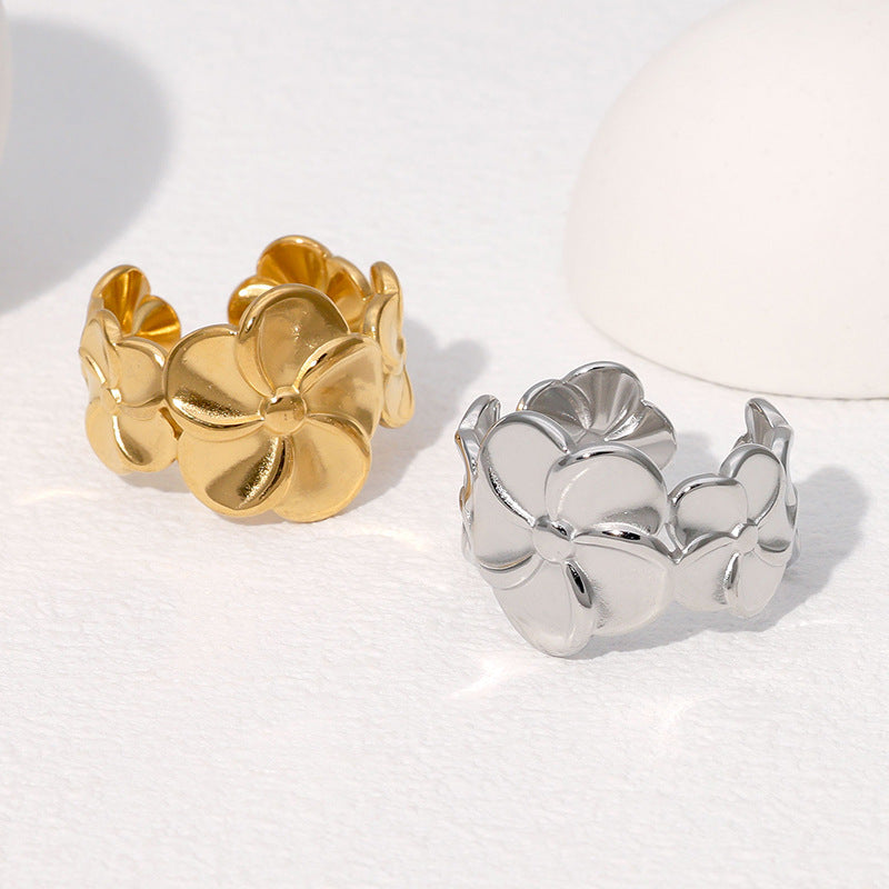 Minimalist Floral Open-Style Stainless Steel Finger Ring with Gold Plating for Women
