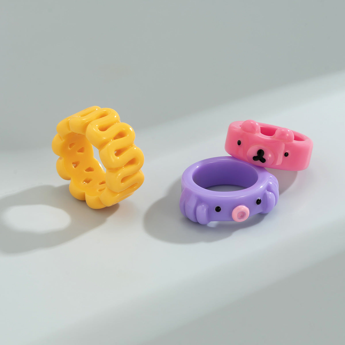 Sweet and Edgy Geometric Bear Acrylic Ring Set for Women with Textured Finish Stackable Hand Jewelry
