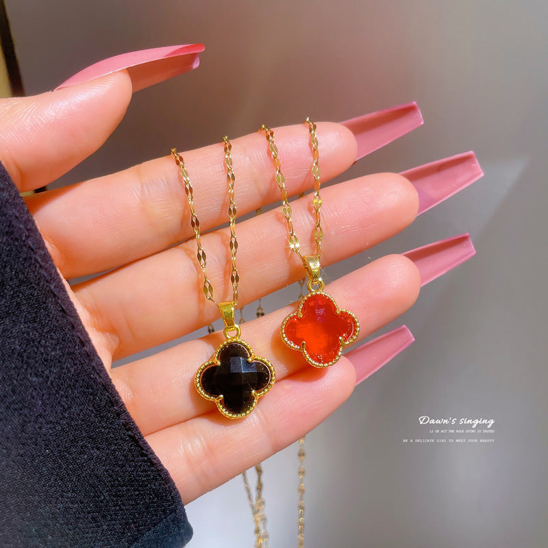 Collar de cadena de acero de titanio con incrustaciones de diamantes de imitación para mujer, estilo minimalista de lujo, con diseño geométrico floral