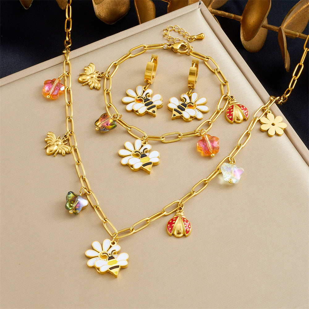 Sweet Cartoon Drip Oil Plated Stainless Steel Animal Pendant Set with Floral Bee and Ladybug Design for Women
