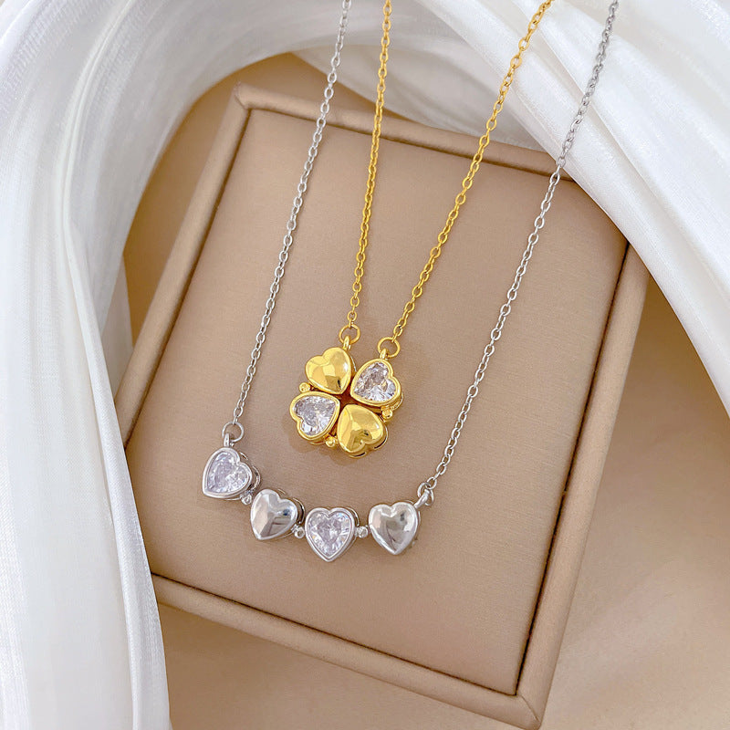 Minimalist Four-Leaf Clover Pendant Necklace in Titanium Steel with Rhinestone Inlay for Women and Men