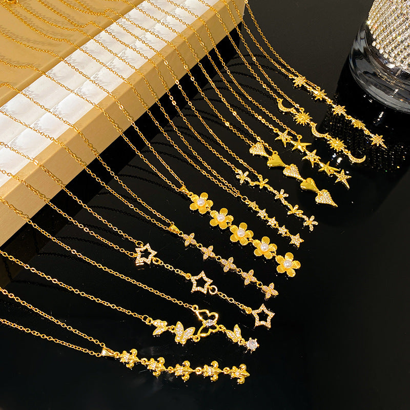 Micro-Paved Cubic Zirconia Star Floral Tassel Titanium Steel Necklace for Women