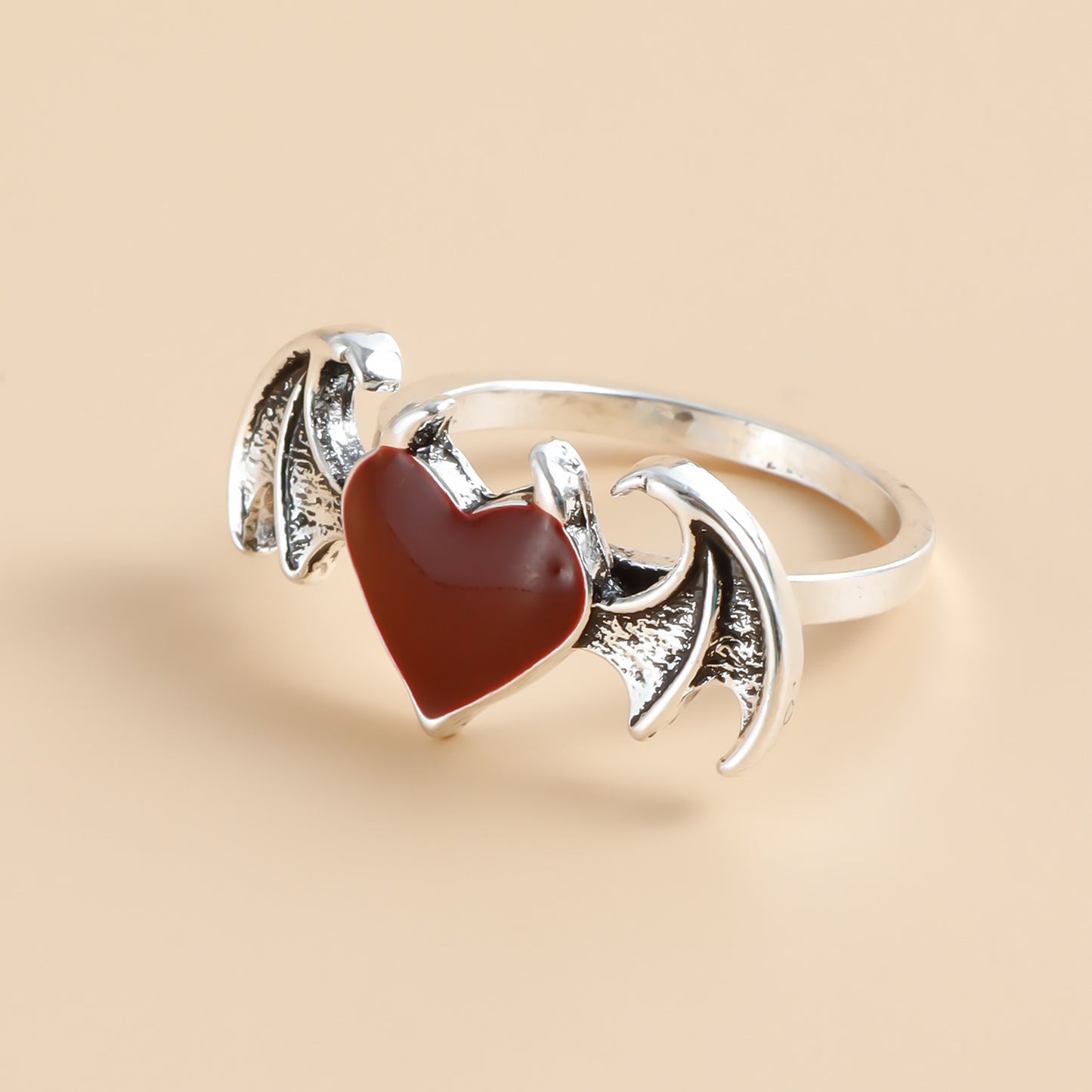 Retro-Style Red Enamel Heart-Shaped Metal Ring with Bat Wing and Demon Motif for Women