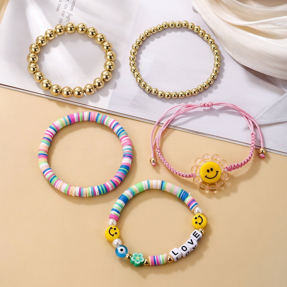 Bohemian Geometric Heart Smile Resin Bracelet with Pearl Beads for Women