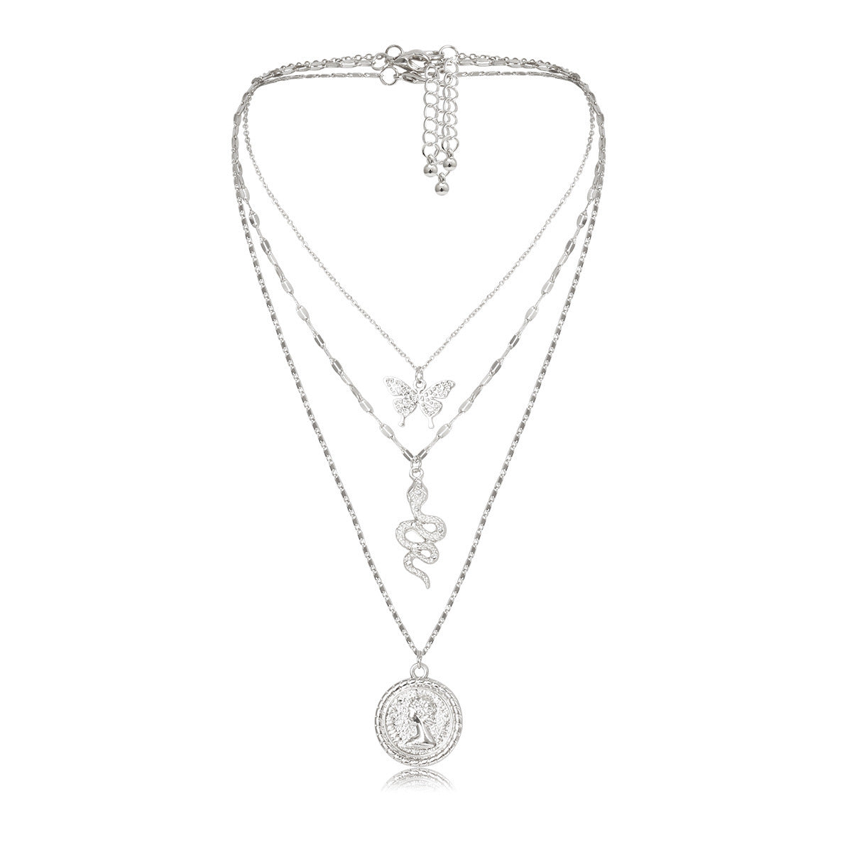 Engraved Butterfly Iron Necklace Set with Curb Chain for Women