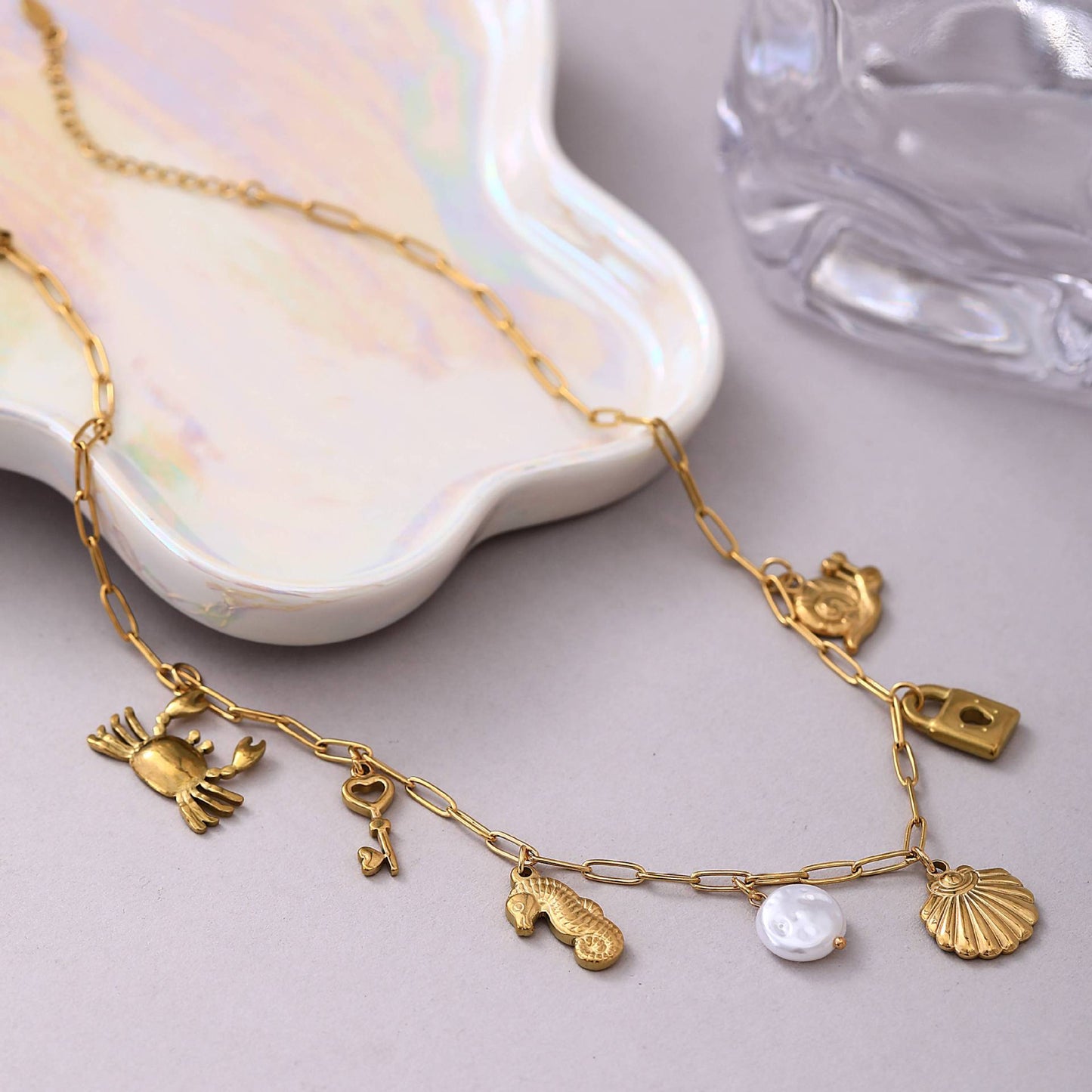 Casual 18K Gold Plated Stainless Steel Starfish Conch Shell Charm Bar Necklace for Unisex