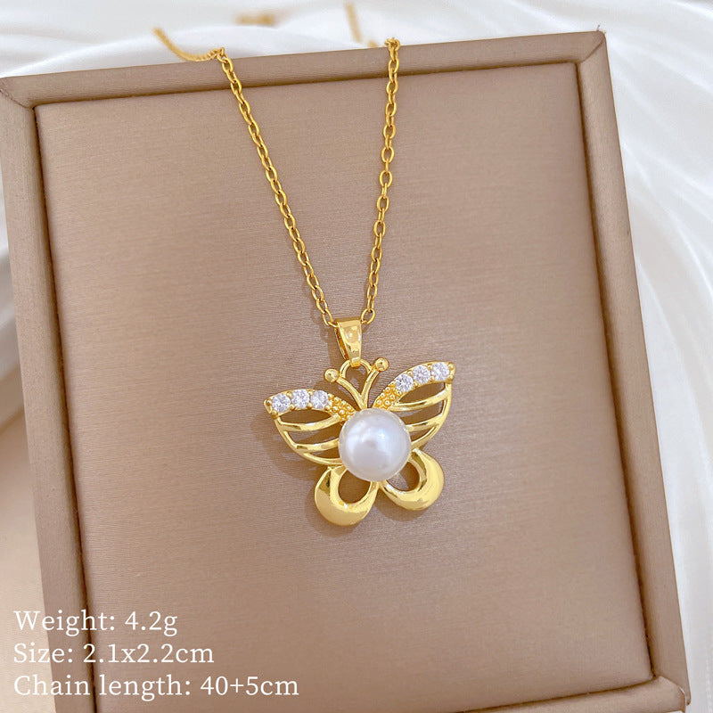 Sweet Elegant Hollow Butterfly Pearl Rhinestone Necklace Titanium Steel Cable Chain for Women