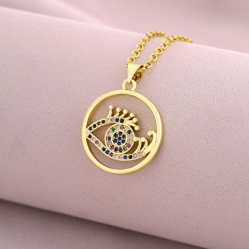 Elegante Collar con Colgante en Forma de Ojo para Mujer de Cobre con Baño de Oro de 18K y Circonitas Micro-Pavé en Cadena de Acero de Titanio