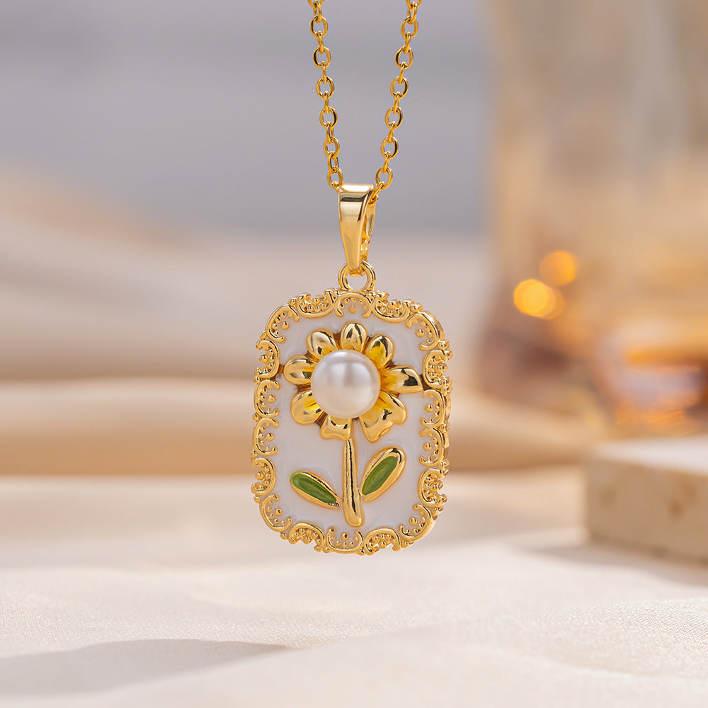 Minimalist Sunflower Pendant Necklace in Titanium Steel with Enamel Finish for Women, O-Chain Locket Style