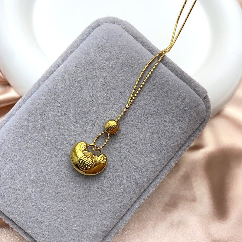 Minimalist Geometric Feng Shui Peace Lock Necklace for Women in Titanium Steel with Plated Finish, Elegant Clavicle Chain