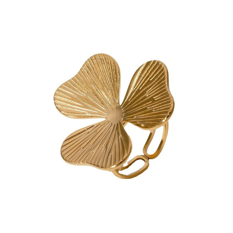 Anello aperto da donna minimalista floreale in acciaio inossidabile con finitura placcata
