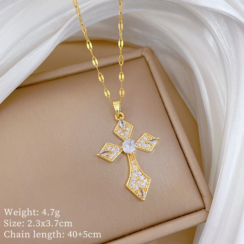 Sweet Full Rhinestone Cross Titanium Steel Necklace Curb Chain Unisex