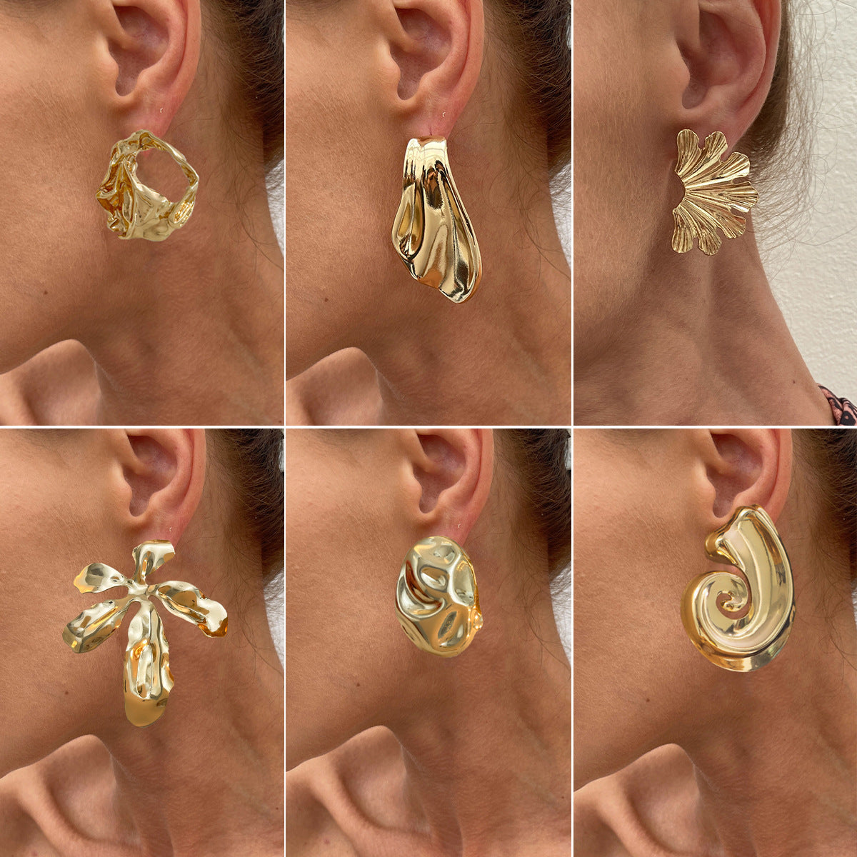Pendientes de Tachuela Metálicos Geométricos Florales Asimétricos Exagerados para Mujer con Acabado Chapado