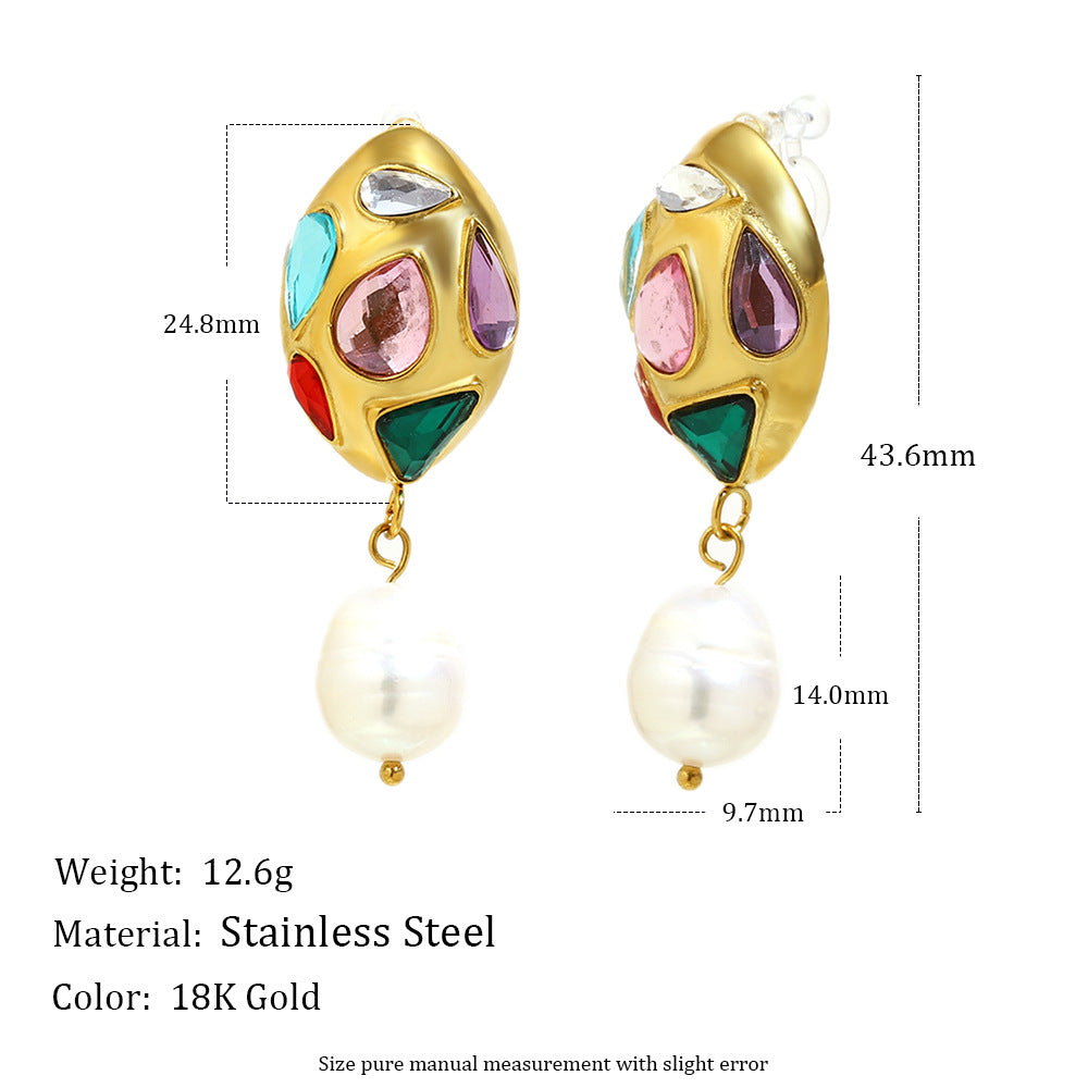 Fashionable Geometric Stainless Steel Plated 18K Gold Zircon Flower Pearl Clip-On Earrings for Women