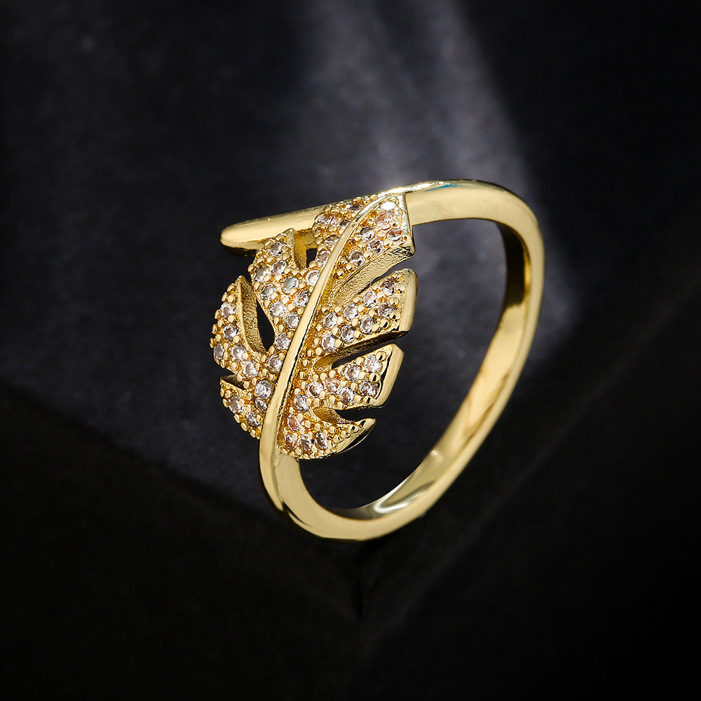 Minimalist 18K Gold Plated Copper Zircon Leaf Geometric Open Ring for Women