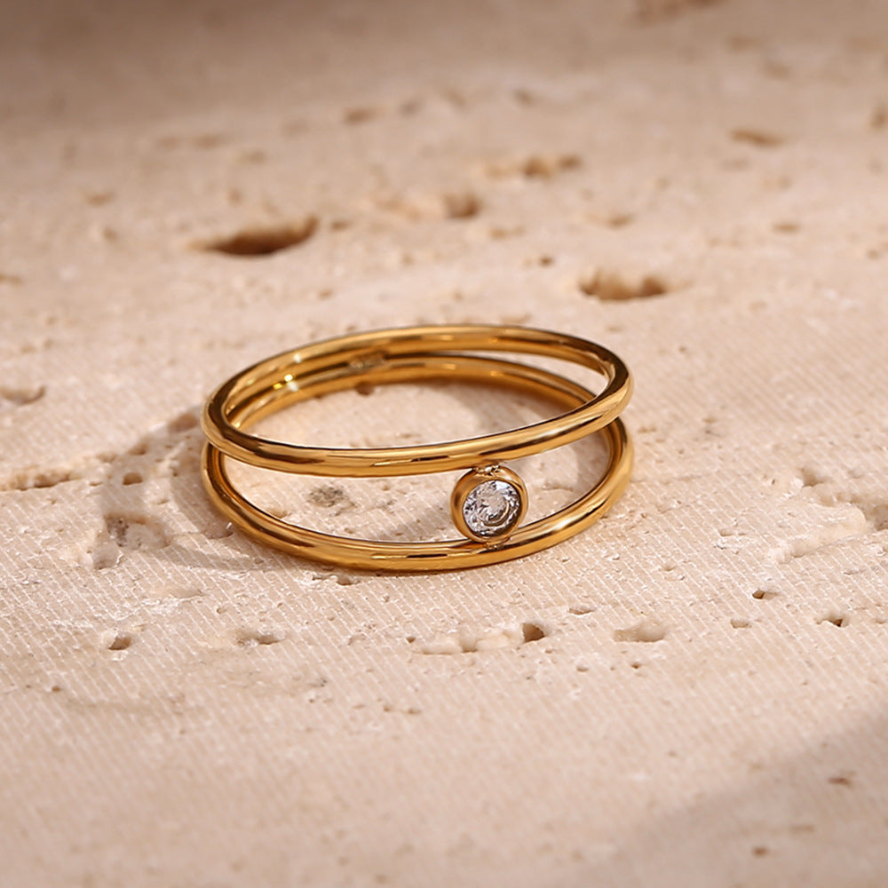 Minimalist Geometric Stainless Steel Ring with 18K Gold Plating and White Rhinestone Accents for Women