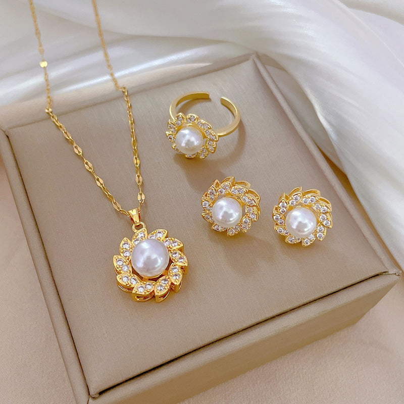 Collar de lujo giratorio con perlas para mujer con cadena de acero de titanio, colgante geométrico, incrustaciones de diamantes de imitación, cadena para clavícula
