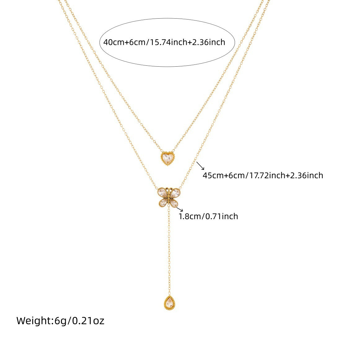 Minimalist Gold Plated Stainless Steel Heart Butterfly Rhinestone Pendant Necklace for Women