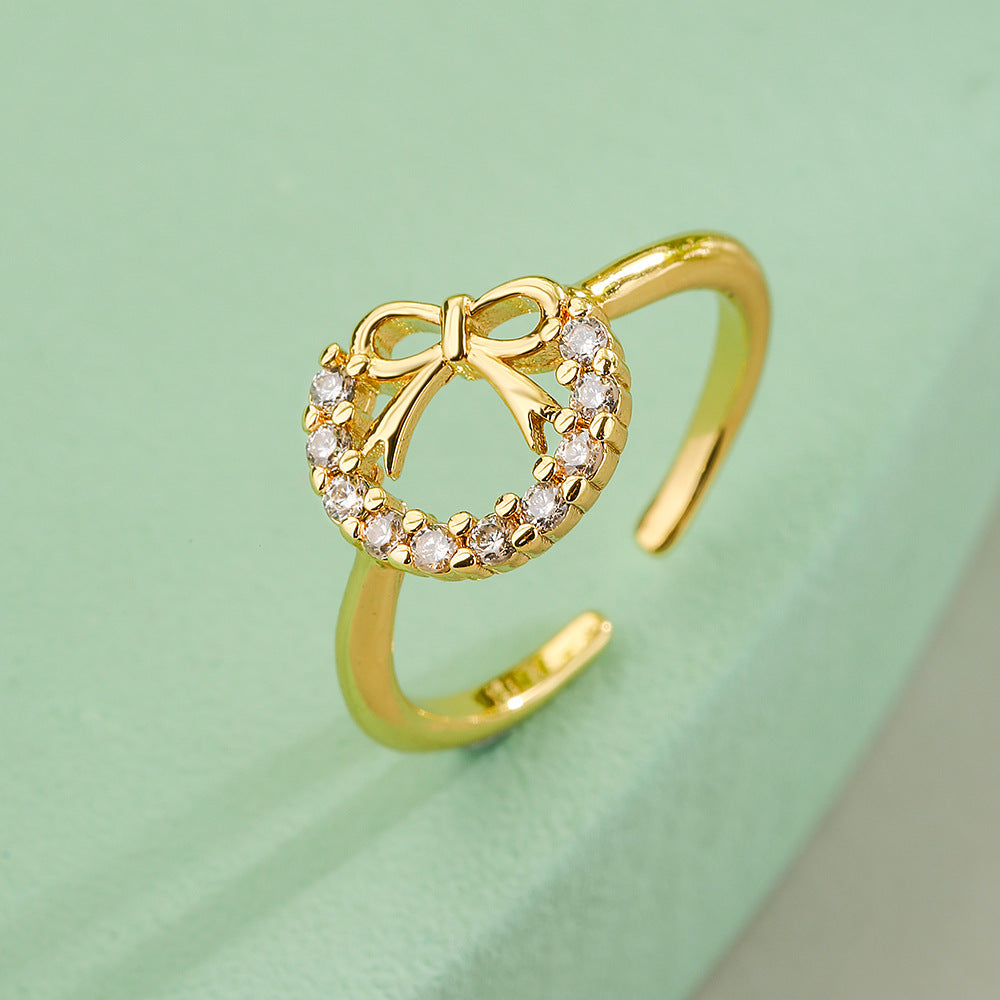 Minimalist Geometric Bowknot Opening Ring for Women in Copper with Gold Plating and Cubic Zirconia Inlay