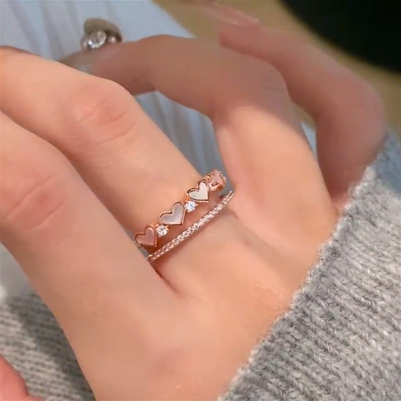 Elegante Anillo Abierto Bicolor con Diseño de Corazón de Nácar y Circonita Cúbica para Mujer, Accesorio de Moda Minimalista de Lujo