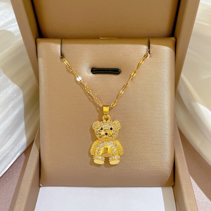 Luxury Heavy-Duty Titanium Steel Geometric Panda Pendant Necklace for Women Clavicle Chain with Micro-Pave Detailing