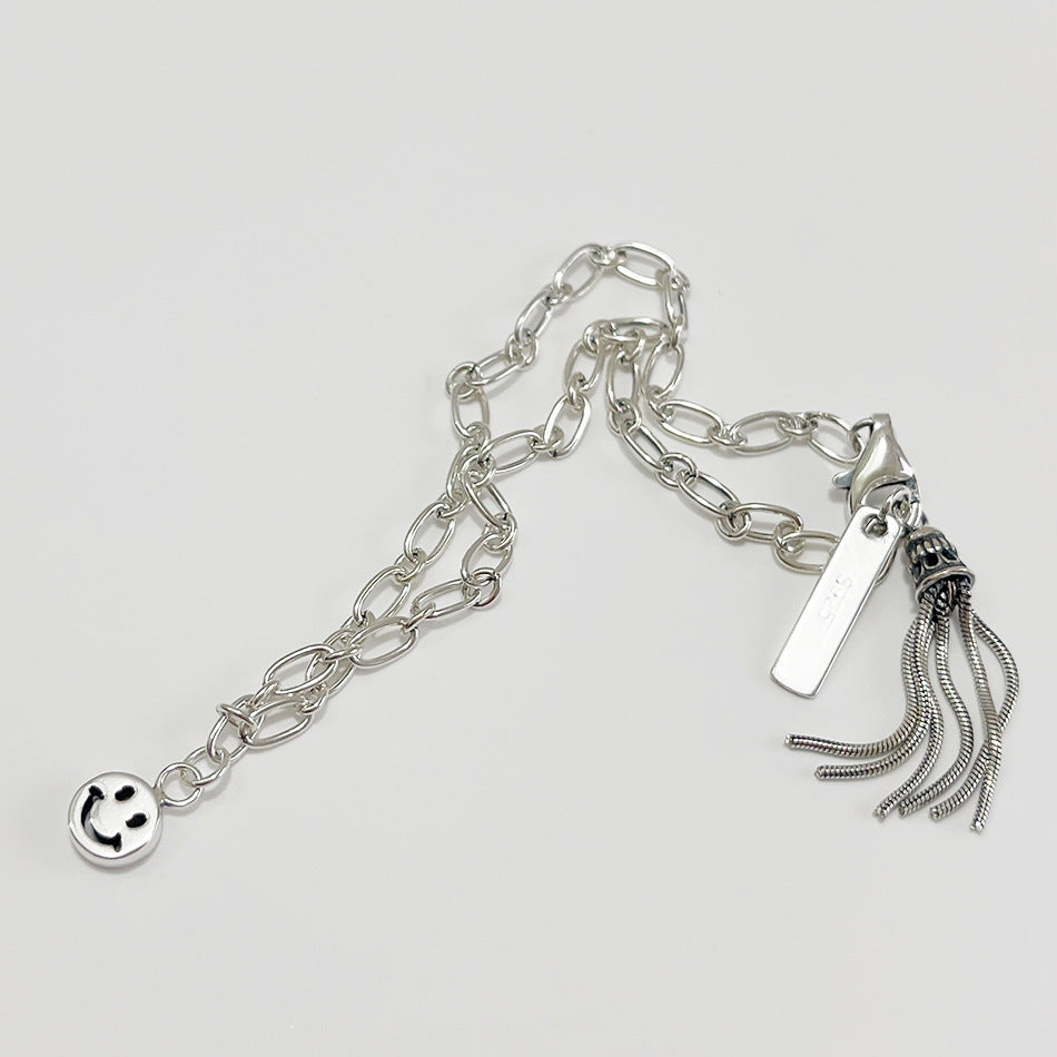 Pulsera Borla con Cara Sonriente Minimalista Vintage de Plata Esterlina 925 para Mujer