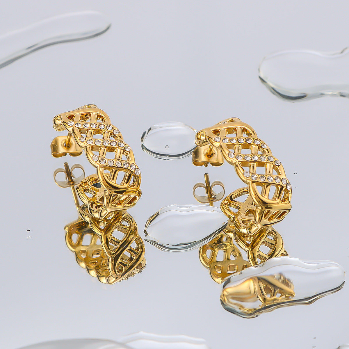 Geometric Stainless Steel Earrings with Plated 18K Gold Finish, Hollow Grid Pattern and Full Rhinestone Inlay for Women