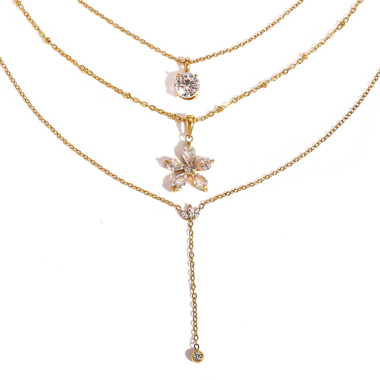 Collar floral geométrico de titanio chapado para mujer con detalles de pedrería, cadena de clavícula ligera, joyería de acero inoxidable