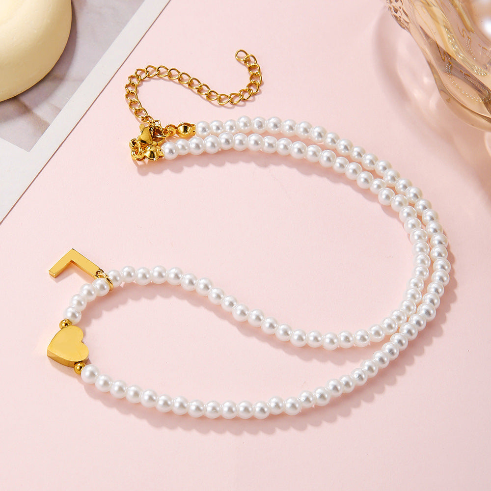 Minimalist Letter Heart Stainless Steel Pearl Necklace Women Cable Chain