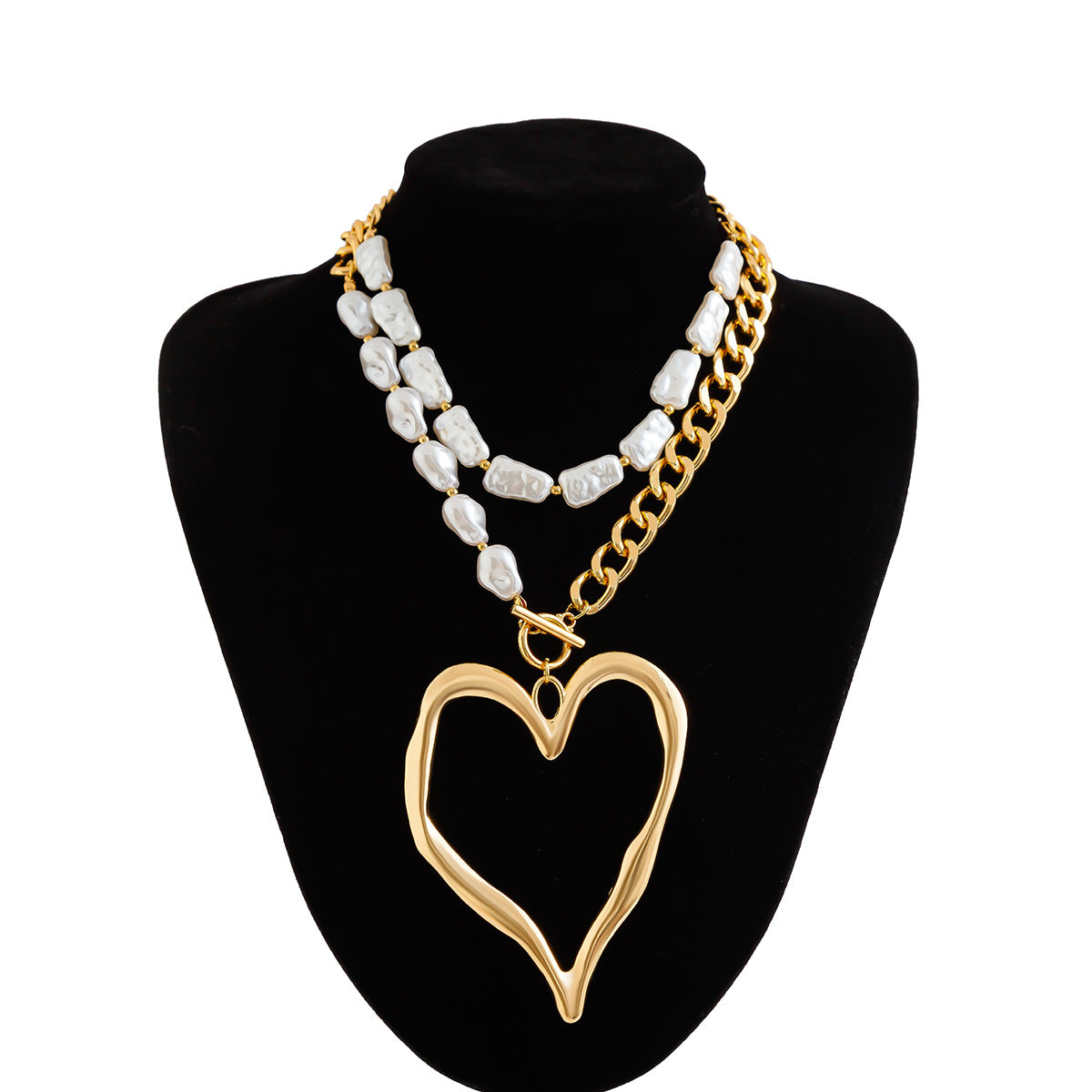 Collar Vintage con Colgante de Corazón de Lava de Doble Capa en Aleación con Acabado Galvanizado y Cadena de Perlas